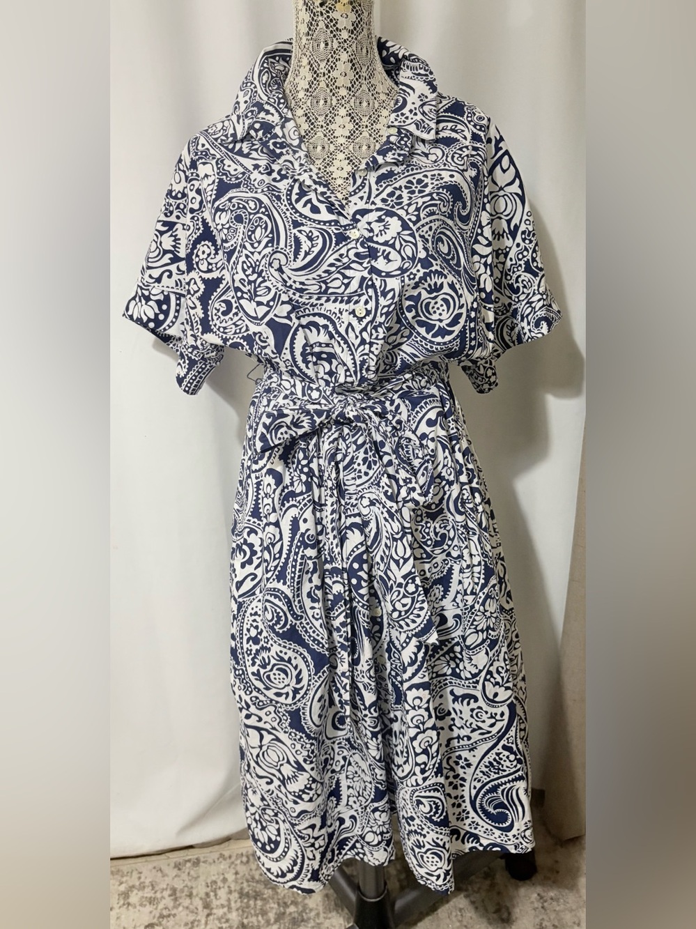 Talbots Shirt Dress Plus Sz 18W Crisp Cotton Midi Button Front Classic Navy